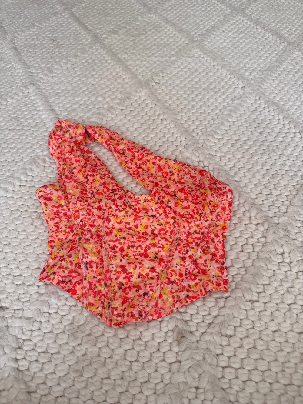 SHEIN Pink & Red Floral one shoulder Crop Top